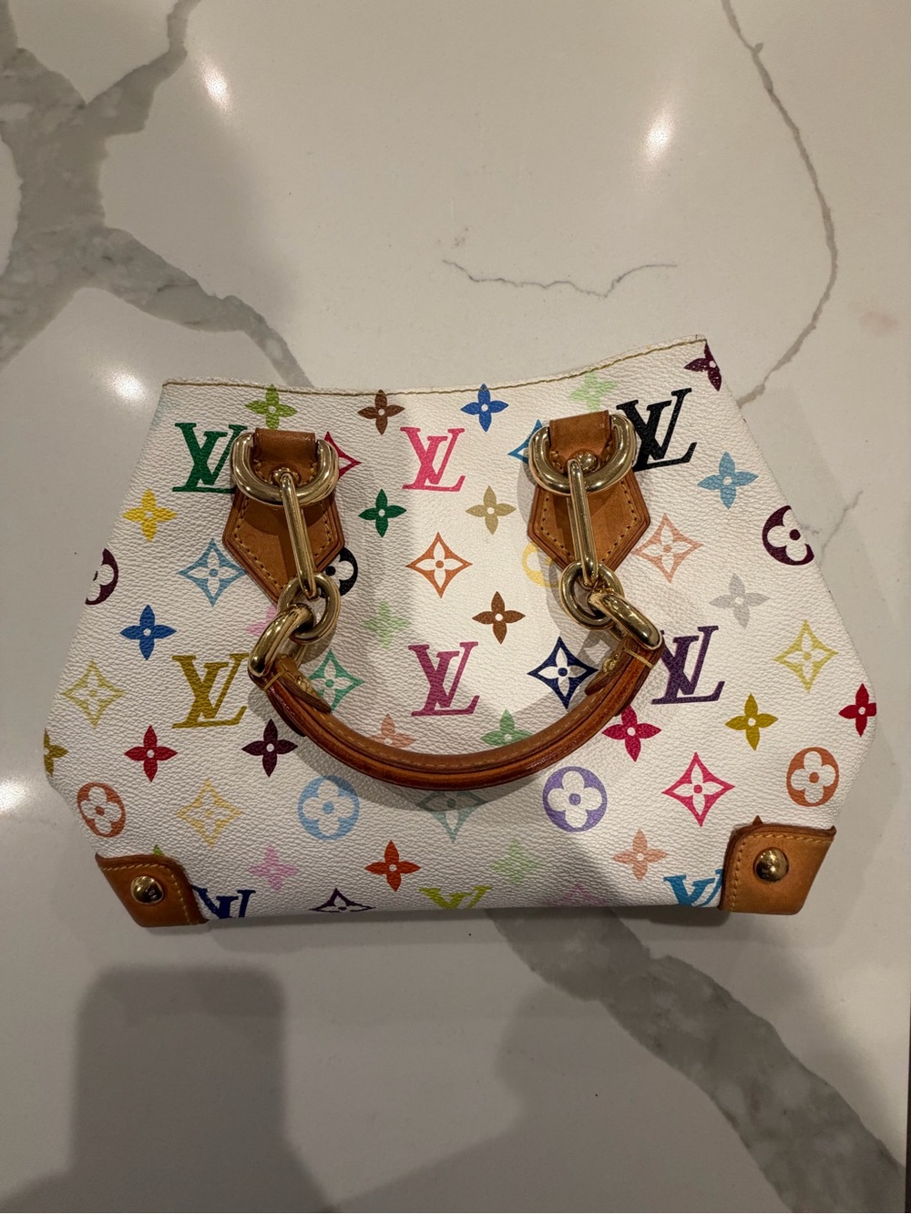Louis Vuitton White Multicolor Monogram Satchel with Tan Handles